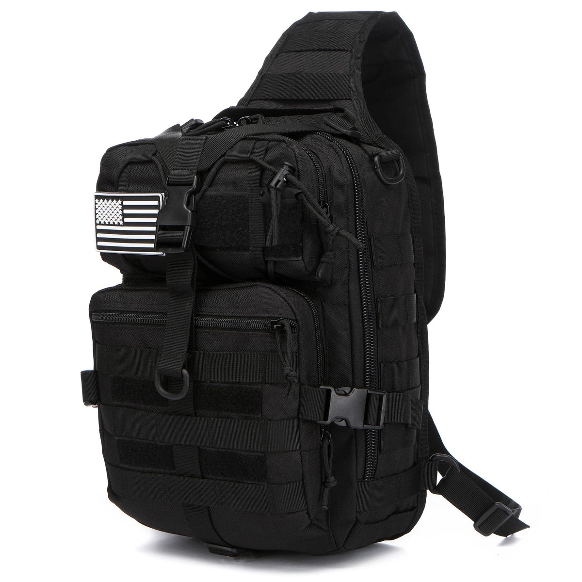 Black sling backpack with an American flag patch on the front