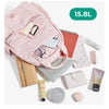 A pink lightweight backpack filled with various essentials including a laptop, notebook, power bank, sunglasses, and perfume.