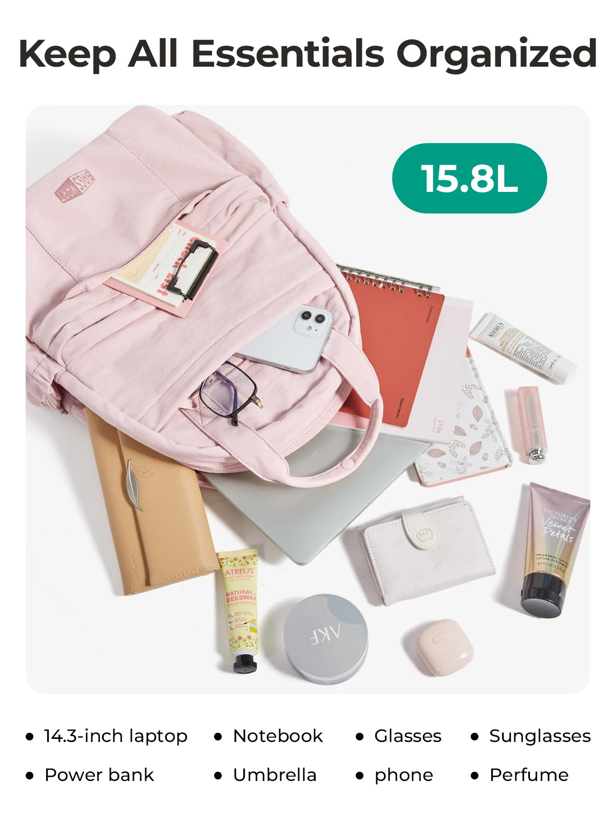 A pink lightweight backpack filled with various essentials including a laptop, notebook, power bank, sunglasses, and perfume.