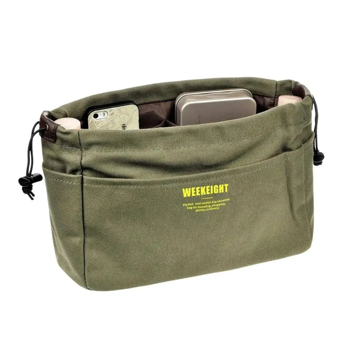 Olive green drawstring canvas storage organizer bag with a brown interior and a clear plastic sleeve.