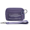 A purple multi-functional zipper wallet with a clear window and a matching keychain strap.