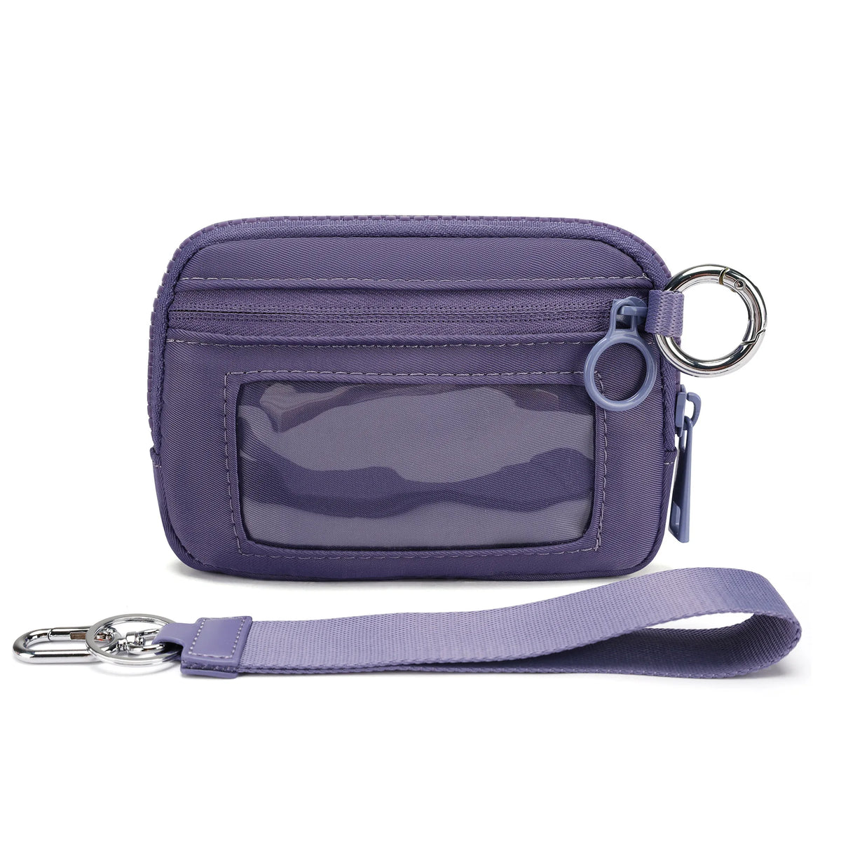 A purple multi-functional zipper wallet with a clear window and a matching keychain strap.