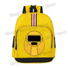 A yellow cartoon anime backpack with a black strap and a round yellow graphic on the front.