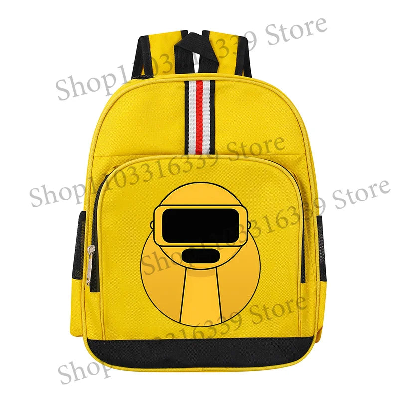 A yellow cartoon anime backpack with a black strap and a round yellow graphic on the front.