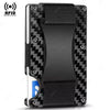 A black slim metal RFID protection card holder wallet with a blue card inserted.