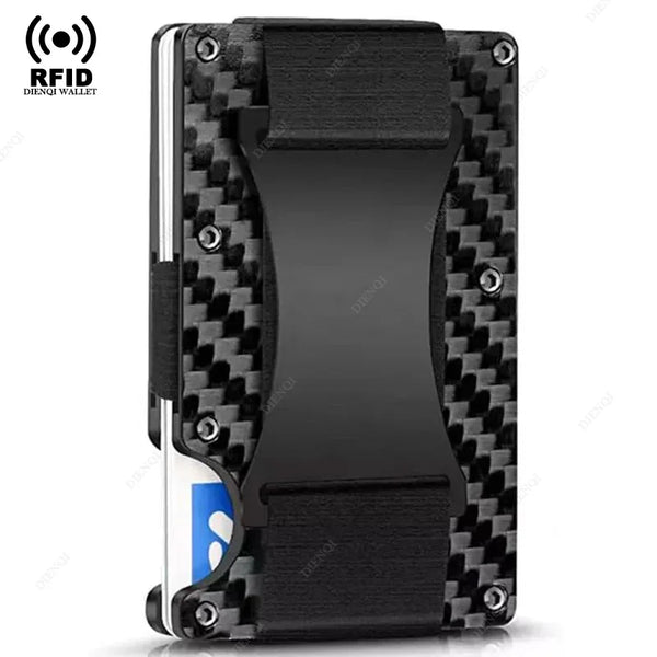 A black slim metal RFID protection card holder wallet with a blue card inserted.