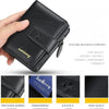 A black leather card holder wallet is shown being held by a hand, highlighting its texture and features.