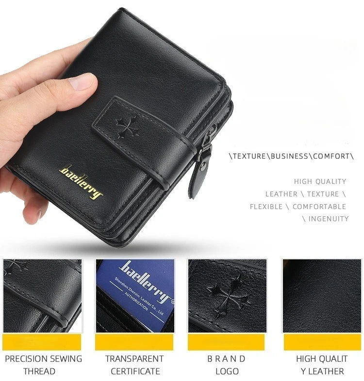 A black leather card holder wallet is shown being held by a hand, highlighting its texture and features.