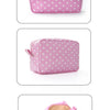 A pink cosmetic storage bag with white polka dots shown in three different views.