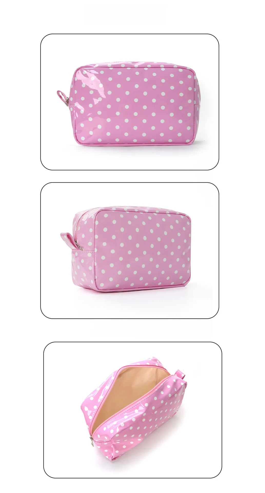 A pink cosmetic storage bag with white polka dots shown in three different views.