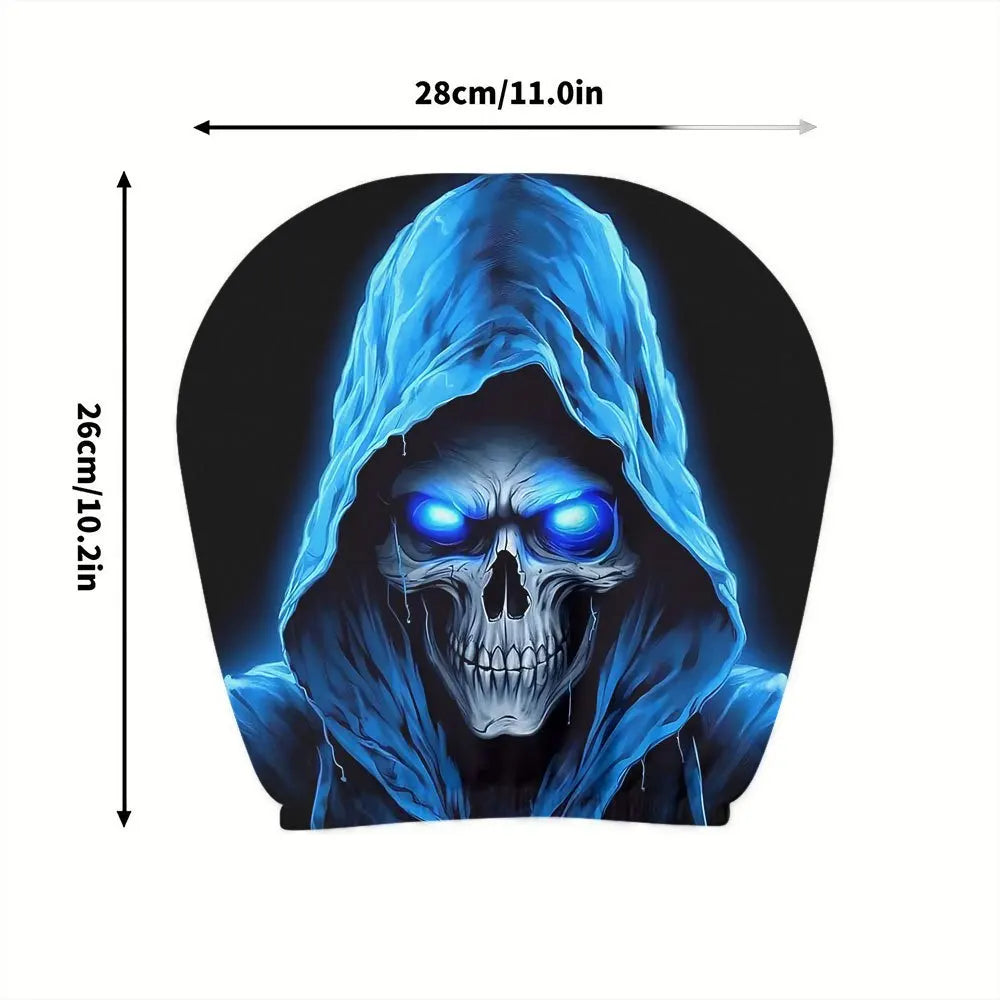 Diseño de calavera con capucha azul oscuro para protector de reposacabezas de coche.