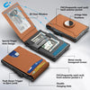 Portefeuille pliable marron avec fenêtre transparente pour cartes et AirTags.