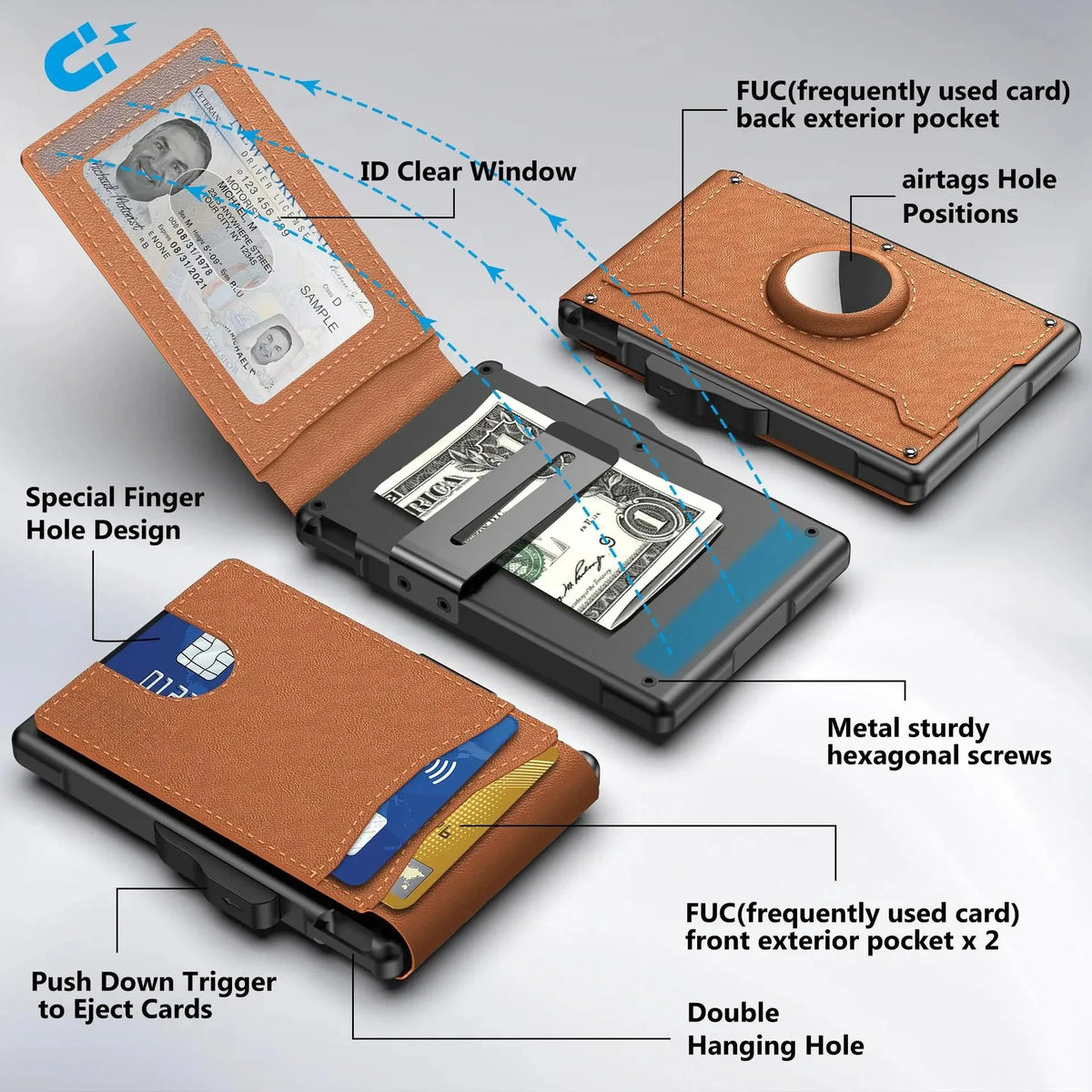 Portefeuille pliable marron avec fenêtre transparente pour cartes et AirTags.