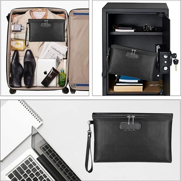 Pochette d'organisation de documents imperméable et ignifuge noire, ouverte et fermée, avec stylos et papiers.