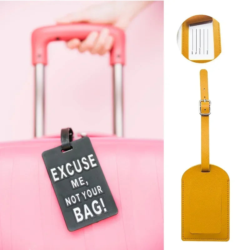 A yellow PU leather luggage tag with an ID card holder attached, shown next to a pink suitcase.