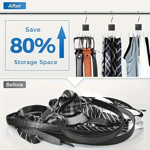 A black multi-functional rotating storage hook rack with various straps and accessories.