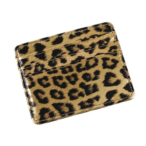 A brown leopard print PU leather card wallet.
