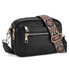 Black leather retro square crossbody bag with a patterned brown and black strap