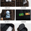 Various views of a leopard print backpack showing front, back, interior, and storage features.