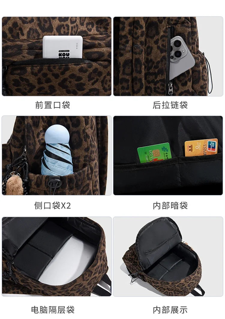 Various views of a leopard print backpack showing front, back, interior, and storage features.