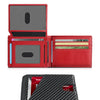 A red RFID blocking men's bi-fold wallet shown open and closed, next to a black textured card holder.