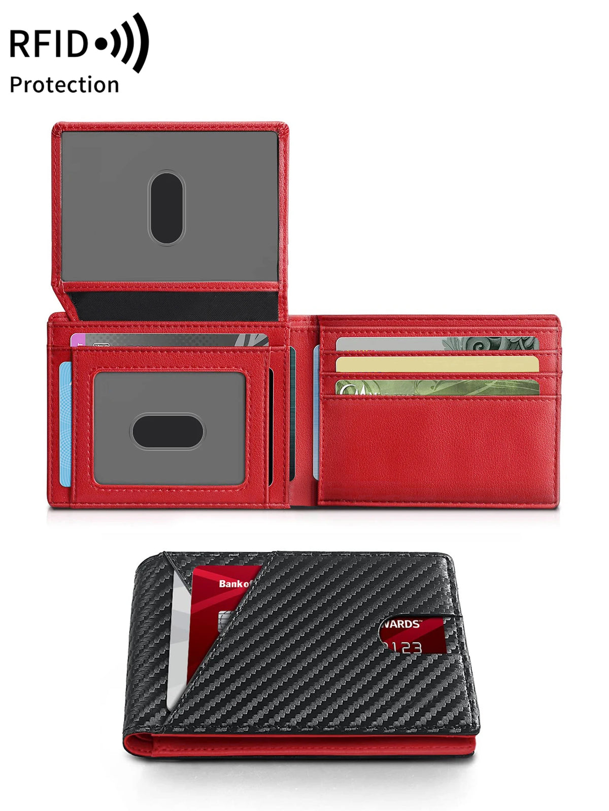 A red RFID blocking men's bi-fold wallet shown open and closed, next to a black textured card holder.