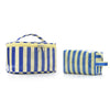Bolsa de almacenamiento cosmético a rayas azules y crema.