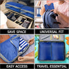 A set of blue reusable compression packing cubes shown in various uses including storage, travel, and easy access.