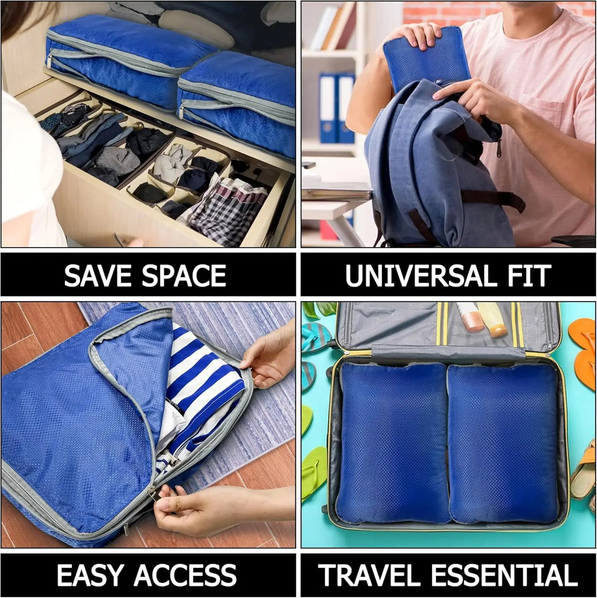 A set of blue reusable compression packing cubes shown in various uses including storage, travel, and easy access.