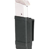 A black holster with a silver magazine cover is shown against a white background.