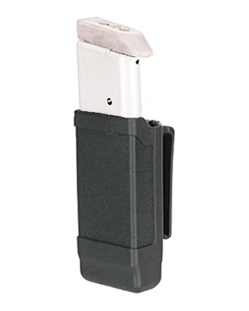 A black holster with a silver magazine cover is shown against a white background.