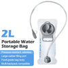 A portable water storage bag with a clear tube and a gray bladder, designed for hydration.