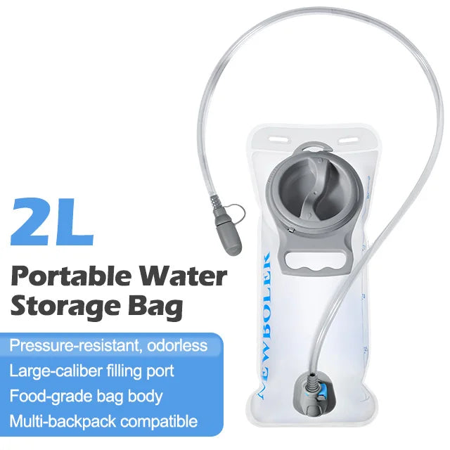 A portable water storage bag with a clear tube and a gray bladder, designed for hydration.