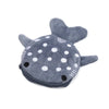 A gray shark mini plush coin purse wallet with white polka dots.