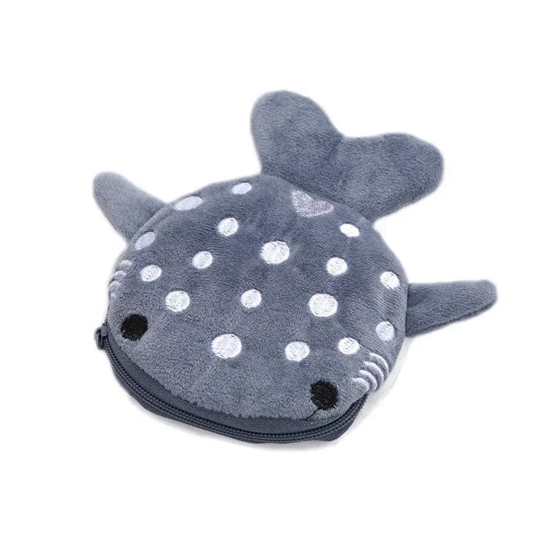 A gray shark mini plush coin purse wallet with white polka dots.