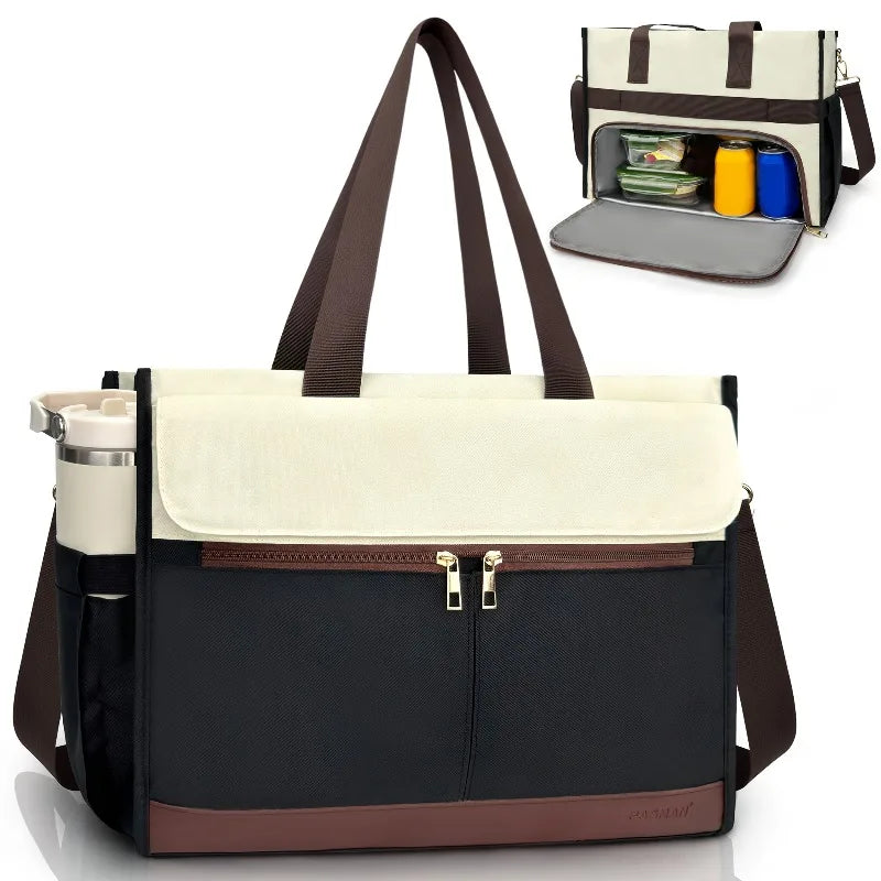 A dark blue insulated laptop lunch tote with beige accents and a matching shoulder strap.