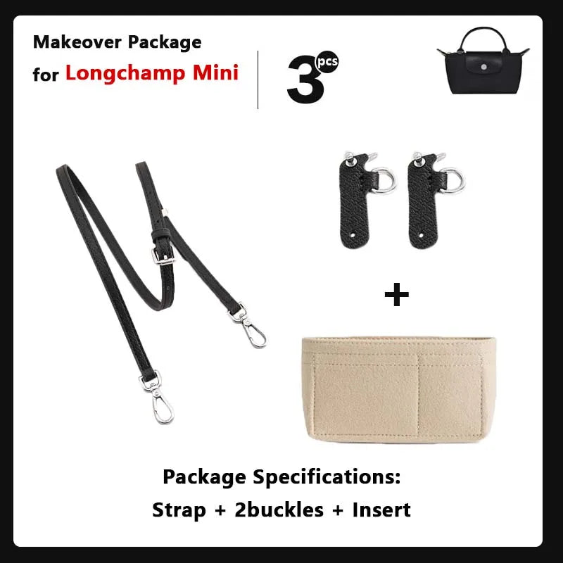 Makeover package for Longchamp Mini featuring a leather strap, two buckles, and an insert.
