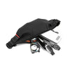 Black water-resistant nylon waist bag with an adjustable strap and a watch.