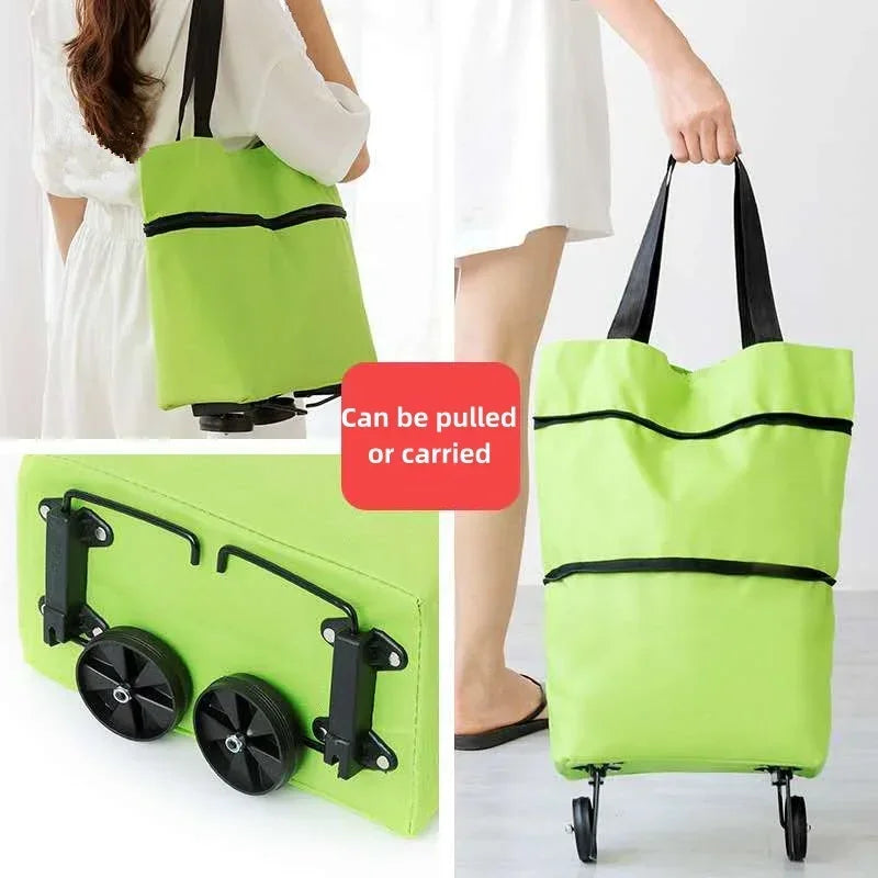 A lime green folding shopping trolley bag being carried by a person.