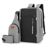 A gray durable nylon travel backpack set featuring a main pack and an attached wallet.