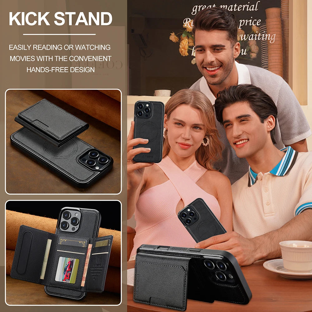 A multi-card wallet phone grip stand in black leather is shown with a man and a woman, demonstrating its hands-free design.