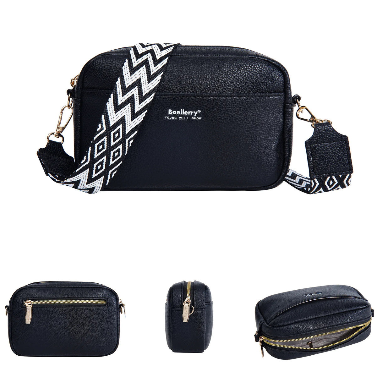 Black leather zipper shoulder bag with a diagonal white chevron pattern and black strap