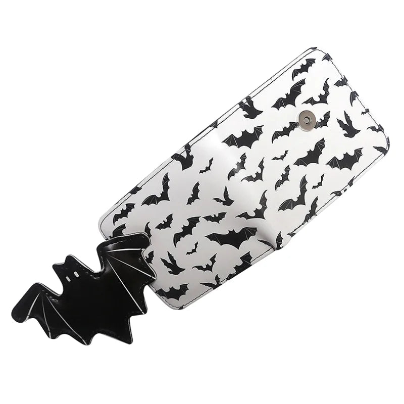 A black bat print PU leather bi-fold wallet with a zipper pocket.