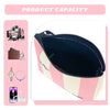 Bolsa de cosméticos de neopreno a rayas rosa y blanco con maquillaje y joyas adentro