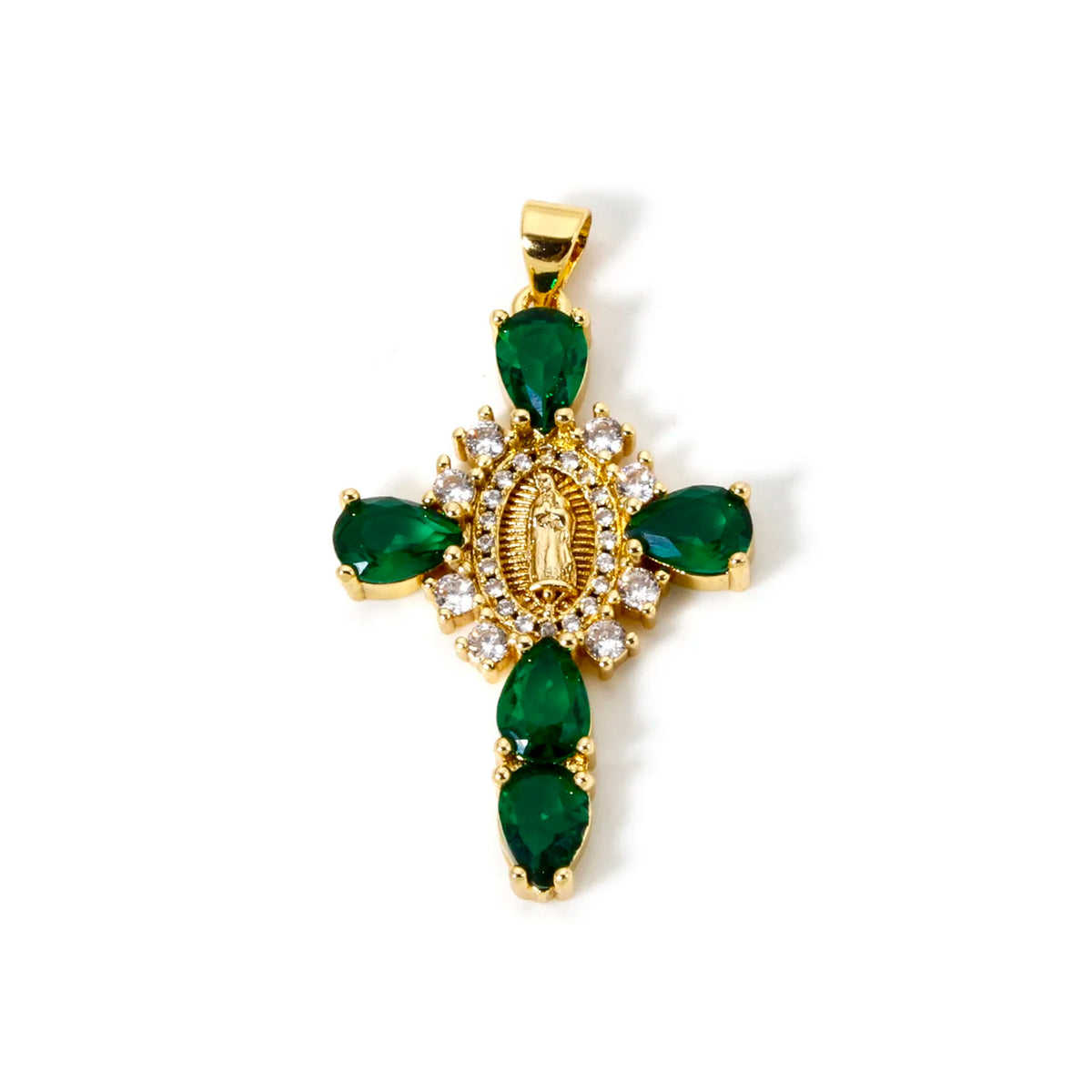 18K gold plated cross and Virgin Mary charm pendant with cubic zirconia featuring green stones