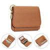 A brown genuine leather RFID blocking women's wallet shown in various views.