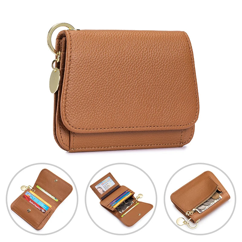 A brown genuine leather RFID blocking women's wallet shown in various views.