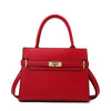 A red leather handbag with gold hardware shown from the front.