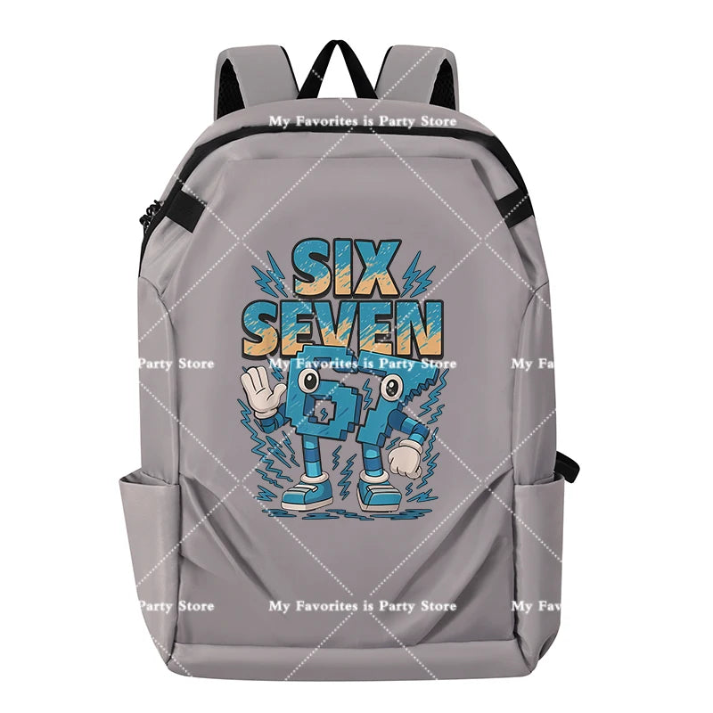 Grauer Rucksack mit Grafikdesign und Text SIX SEVEN sowie stilisierten Figuren.