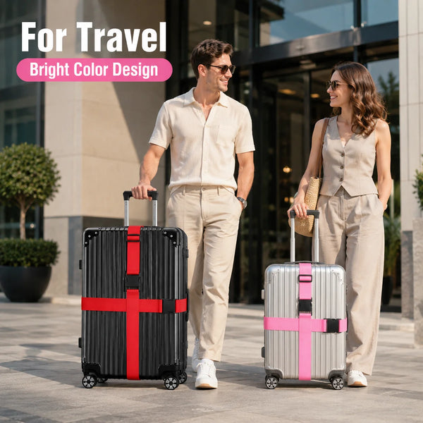 A man and a woman standing in front of a modern building with luggage on the ground